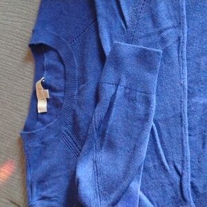 LOFT size L indigo blue wool blend sweater with decorative stitching EUC